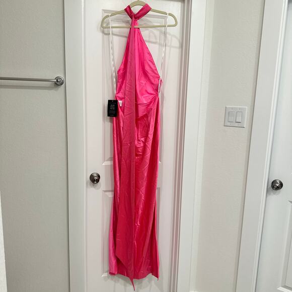 NWT Retrofete Jagger Satin Halter Neck Maxi Dress in Hyper Pink Size Medium - Picture 4 of 7